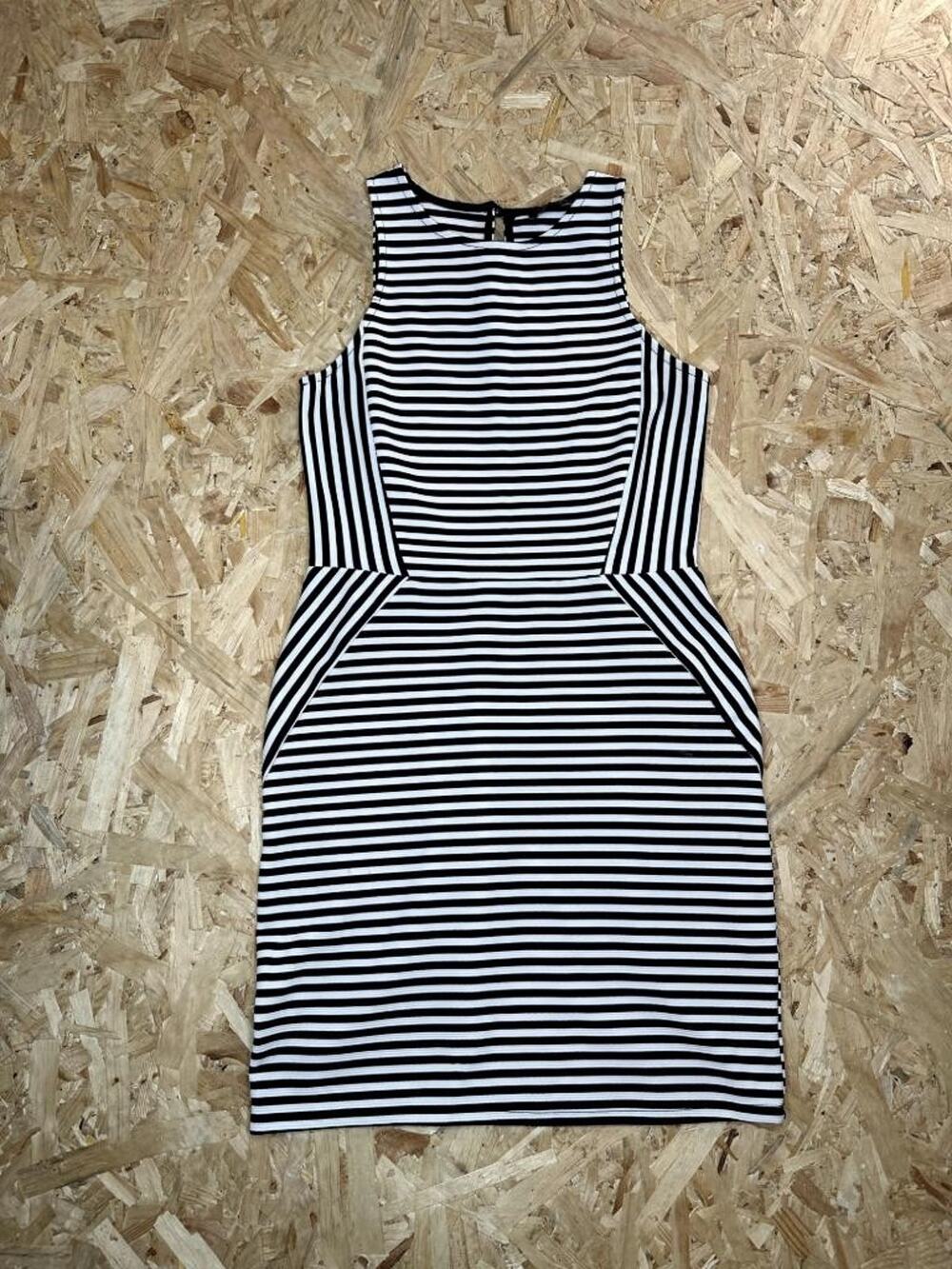 Monteau Womens Striped Sleeveless Dress Size M Black White Knit Sheath Pockets